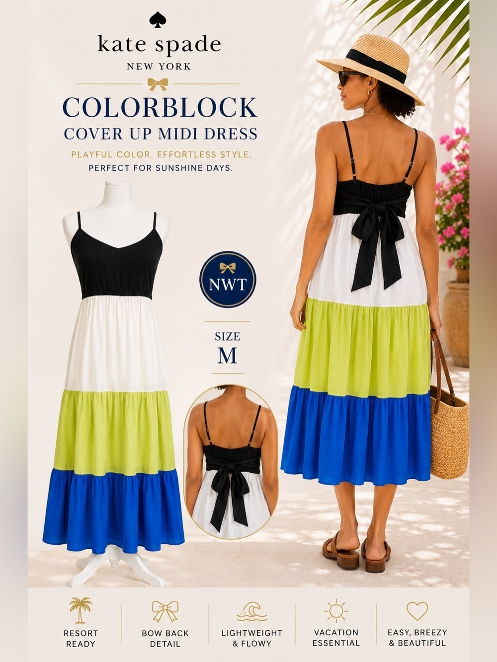 Kate Spade NWT Colorblock Midi Dress M Bow Back Resort Cruise Vacation Summer - Picture 2 of 15